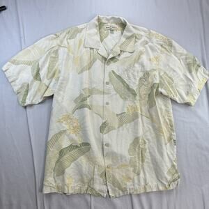 Tommy Bahama Shirt Mens Large Yellow All Over Print 100% Silk Hawaiian Camp